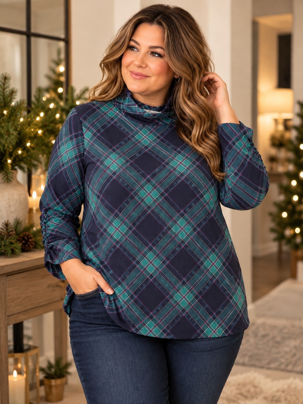 d&co Adaptive Plaid Mock Neck Ruched Sleeve Top 1X Navy Green Holiday NWOT